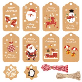 maxtachi Pack of 200 Christmas Gift Tags Set, 100 Pieces 10 Types of Gift Tags Kraft Paper with 2 Types of Rope for Christmas Tree Decorations and Gift Wrapping