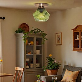 ZQLWLXYZD Bronze Flush Mount Ceiling Light,Kitchen Ceiling Light,Green Glass Vintage Light,6''Laundry Room Light Fixtures,Art Deco Foyer Lighting Fixtures(Flower)