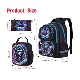 JukaZine King Gorilla Backpack Set for Boys Girls, Space Design Bookbag Combo with Lunch Box & Pencil Case, Adjustable Straps Bag for Back to School & Travel