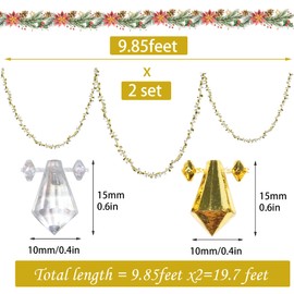 HADDIY Guirnalda de cuentas de cristal dorado para árbol de Navidad, guirnalda de cuentas acrílicas brillantes iridiscentes de 19.7 pies para invierno y decoraciones de árbol Xmax y decoración del hogar