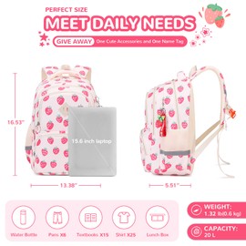 MUSEVOS Kids Backpack, Kawaii Printed Girls Bookbags for Elementary, Lightweight School Backpack for Kindergarten, Water Resistant Teen Backpacks, White/Strawberries