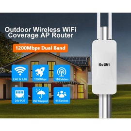 KuWFi AP1200F External WiFi Repeater Dual Band 1200Mbps, 2.4GHz & 5.8GHz Dual Frequency External Access Point with 2 Antennas 5dBi, IP65 Waterproof, POE/DC Power Supply, Ideal for Long Time