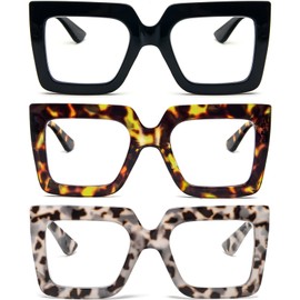 REAVEE 3 Pack Oversized Reading Glasses for Women Large Frame Extra Wide, Blue Light Blocking Readers Stylish Square Thick Eyewear,Black+Leopard+Grey Leopard, 1.5