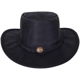 URBAN 5884 Genuine Leather Cowboy Hat, Western Cowboy Hat Made of Cowhide Leather with Adjustable Brim and Chin Strap, black, XXL