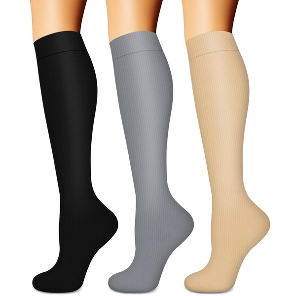 BLUEENJOY - Calcetines de compresión para mujeres y hombres (3 pares), el mejor apoyo para enfermeras, correr, senderismo, recuperación y vuelo, 08c Black/Gray/Nude, S-M