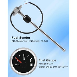 240-33 ohm 15"(380mm) Fuel Level Sending Unit and Boat Fuel Level Gauge for Car RV Motorcycle Tractor Yacht, Marine Fuel Tank Sending Unit
