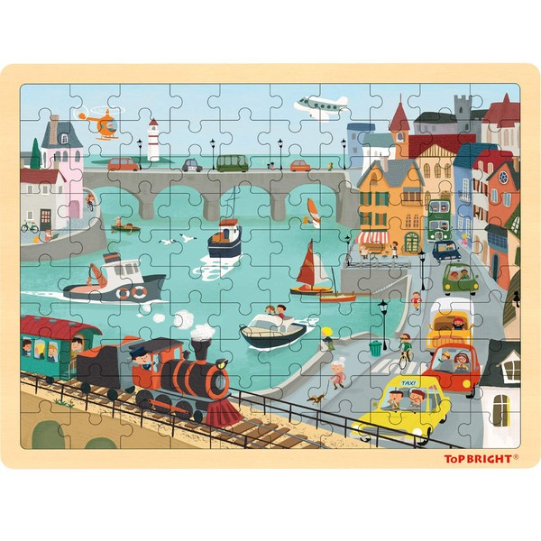 TOP BRIGHT 100 Piece Wooden Jigsaw Puzzles for Kids 3 4 5 Year Old, Urban Wooden Jigsaws for Children Age 3 4 5 with Storage Bag
