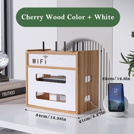 Wooden Router Shelf, Desktop WiFi Router Storage Box Modem Rack, Power Router Fences Standing Shelf Units, Cable Management Hider Box Organizer for Office and Home (Cherry Wood)