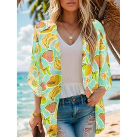 Moss Rose Women's Beach Kimono Coverup Sheer Chiffon Cover Ups, Casual Loose Open Front Cardigan Tops, Fruit Print, One Size