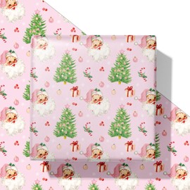SaringSwoon Pink Christmas Santa Wrapping Paper - Vintage Xmas Gift Wrap with Santa Claus, Christmas Tree, Candy Canes, Gifts and Snow Design for Kids Adults - 40×28 Inches, 4 Folded Sheets