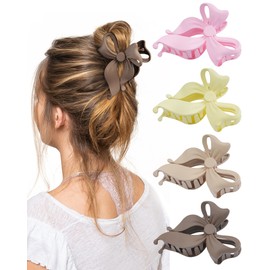 4 PCS Bow Hair Clips Bow Claw Clip for Women, Large Hair Claw Clips for Thin Thick Long Hair Cute Nonslip Bows (Dark Brown+Light Brown+Off-White+Light Pink)