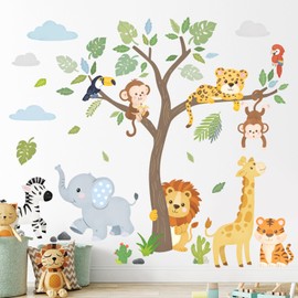 DECOWALL SG2-2418 Safari Animals and Trees Wall Stickers Cute Jungle Decorations Elephant Giraffe Lion Baby Playroom Classroom Nursery Bedroom Living Room Kids Forest