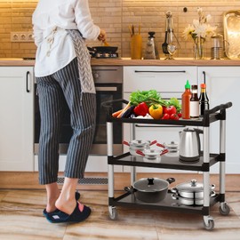 3-Tier Plastic Service Utility Cart with Wheels, Heavy Duty 3-Shelf Rolling Utility/Push Food Service Cart for Foodservice/Commercial/Restaurant/Office/Kitchen/Hotel, Black