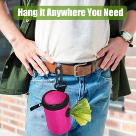 Dog Poop Bag Holder for Leash Attachment - Waste Bag Dispenser for Leash - Fits Any Dog Leash - Portable Set with Hand Free Holder Metal Carrier, Round Shape, Pink