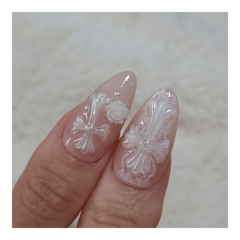 Rose Veil Cross Handmade Nail Tips Wedding Pearl Shell -