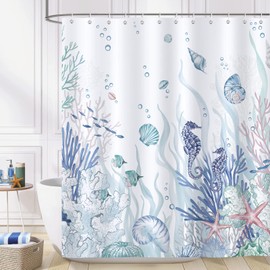 Bonhause Nautical Coastal Shower Curtain, Ocean Themed Coral Seahorse Seashell Starfish Beach Bathroom Decor 72x84 Inch Polyester Fabric Waterproof Bath Curtain with 12 Hooks