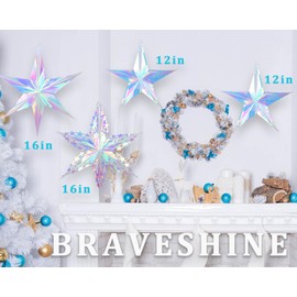 BRAVESHINE 4PCS Iridescent Hanging Ornaments Novelty Decorations - Iridescent Foil Star Rainbow Decorative Snowflake for Festival Holiday Birthday Graduation Mermaid Ocean Christmas New Years Party