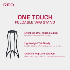 Red by Kiss One Touch Wig Stand, Collapsible & Sturdy, 17” Heavy Duty Travel Wig Stand with Nonslip Grip & Rubber Feet for Easy Air Drying, Washing, Styling & Storage (No Assembly Required)