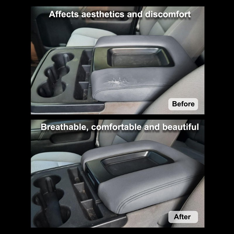 SecosAutoparts Dark Gray Center Console Lid Armrest Cover Leather Replacement