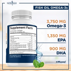 Triple Strength Omega 3 Fish Oil 3750 mg - EPA & DHA - Over 3000mg Omega-3 Fatty Acids - 1350mg EPA + 900mg DHA - Best Essential Fatty Acids, Burpless Fish Oil - 90 Count