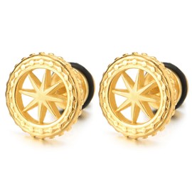 Gold Color Wheel Circle Stud Earrings Stainless Steel, for Man and Women, Screw Back, 1 Pair 12mm, Metal, No Gemstone