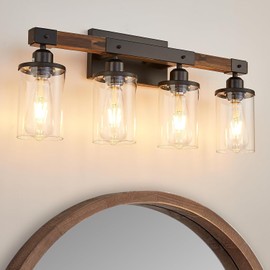 Feohak 4-Light Bathroom Vanity Light, Farmhouse Bathroom Fixtures Over Mirror, Rustic Industrial Wood Black Wall Lamp Sconce Light with Clear Glass Shade