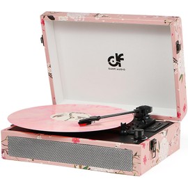 Pink Record Player with Built-in Speakers, Vintage Floral Suitcase Vinyl Record Player 3-Speed (33/45/78 RPM), Belt-Driven Turntable with Headphone Jack/Aux in, Floral
