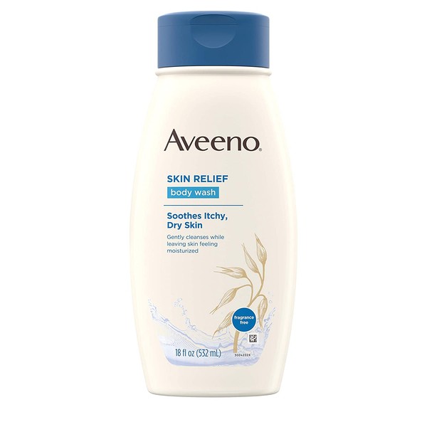Aveeno Skin Relief Fragrance-Free Moisturizing Body Wash with Oat to Soothe Itchy, Dry Skin, Gentle & Unscented Daily Cream Body Cleanser, Soap-Free & Dye-Free for Sensitive Skin, 18 fl. Oz