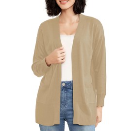 Women's Open Front Cardigan with Pockets Long Sleeve Solid Color Lightweight Knit Sweater