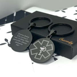Charmify Custom Metal Medical Alert Keychain with Nurse Cross Emblem, 6 cm Diameter (Black)