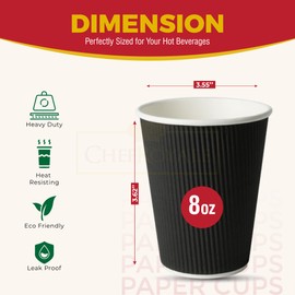 CHEF ROYALE 500 Cups x 8oz Kraft Triple Walled Disposable Coffee Paper Ripple Cups Without lids (8oz, Kraft)