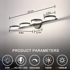 Illus 29.1 in Dimmable 5500K LED Bathroom Vanity Light Fixture, 350° Rotate 4-Lights Bathroom Light, Matte Black Modern Bathroom Wall Lighting Fixtures Over Mirror