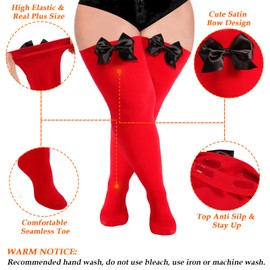 Moon Wood Women Plus Size Bow Thigh Highs Stockings Opaque Over the Knee Socks for Valentine's Day Dress Daily Favors (Red)