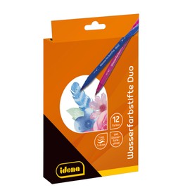 Idena 20158 Watercolour Pens with Double Tip, 12 Water-soluble Felt Tip Pens with Water Tank Brush