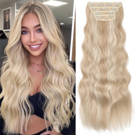 KooKaStyle Clip in Long Wavy Synthetic Hair Extension 24 Inch Pearl Blonde 4PCS Thick Hairpieces Fiber Double Weft Hair for Women