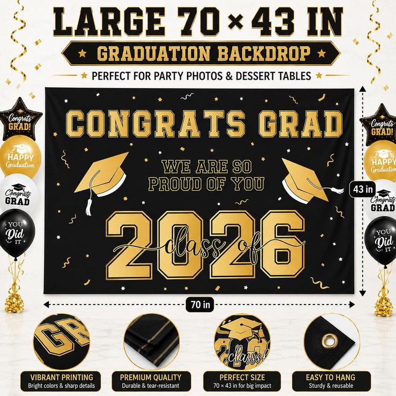 2026 Graduation Decorations Set, Gold and Black Party Supplies -