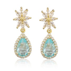 Cubic Zirconia Bridal Earrings - Elegant Sterling Silver Teal Blue Aquamarine CZ Wedding Party Prom Earrings for Bride Bridesmaids Crystal Rhinestone Floral Cluster Dangle Drop Earring for Women