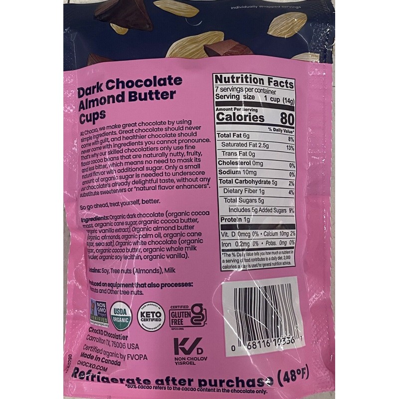Chocxo USDA ORGANIC 60% CACAO Dark Chocolate Almond Butter Cups