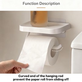 Self Adhesive Toilet Paper Holder with Shelf, No Drill Wall Mounted Bathroom Tissue Holder, Sticky TP Roll Holder with Phone Shelf for RV, White