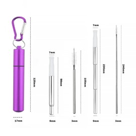 Foweroty Metal Straws Reusable，Collapsible Stainless Steel Straw，Cruise Ship Essentials，Equipped with Silicone Straw Tip，Cleaning Brush and Keychain，Easy to Carry and Clean（Purple）