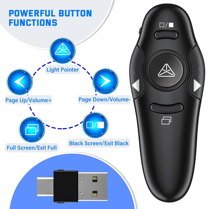 2-in-1 USB Type C Presentation Clicker Wireless Presenter Remote with