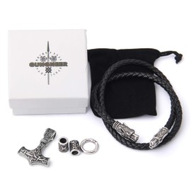 GUNGNEER Thor Hammer Pendant Viking Mjolnir Necklace for Men with Black Wolf Head Leather Chain, Stainless Steel, 2 Rune Beads Gift