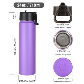 Volhoply 24 Ounce Insulated Water Bottle With Straw Lid,Stainless Steel Wide Mouth Sport Bottles With Handle,Double Wall Vacuum Thermos keep Cold,Reusable Travel Thermal Cups For Holder,Gym(Purple,1)