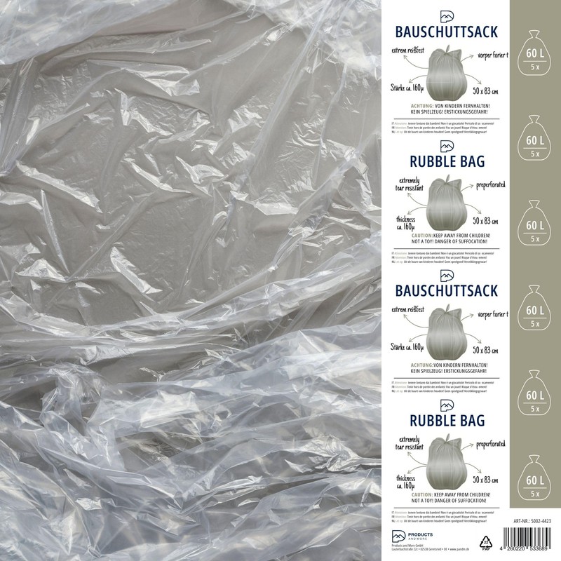 Robuster Bauschuttsack 60 Liter - 5x BLiX, Kunststoff Müllsack 50x83