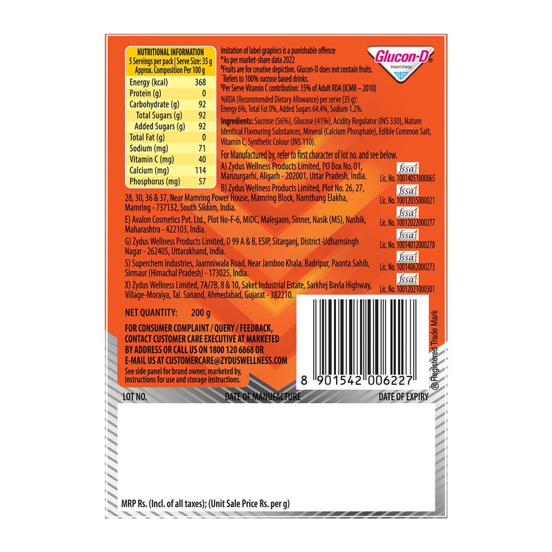Glucon-D , Orange Flavoured Glucose Based Beverage Mix - 200G