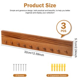3 Pcs Wood Challenge Coin Holder with Brass Tone Metal Nail Hooks Wall Mounted Challenge Coin Display Single Row Display Holder for Coin Collection