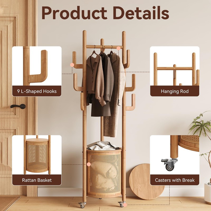 Solid Wood Coat Rack - Rolling Clothes Rack with Rattan