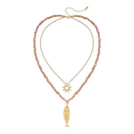 INNERDIVA Layered Necklaces for Women with Fish & Sun Pendant - Adjustable Double Layer Beach Jewelry, Gold Sun & Boho Fish Charm Ocean Necklace Stack