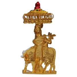 Purpledip Metal Idol Chhatra Krishna: Collectible Statue Of Divine Kamdhenu With Gopala Under Canopy (12453)
