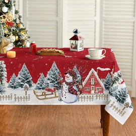 Horaldaily Christmas Tablecloth 60×60 Inch Square, Winter Snowman House Christmas Trees Red Washable Table Cover for Party Picnic Dinner Decor